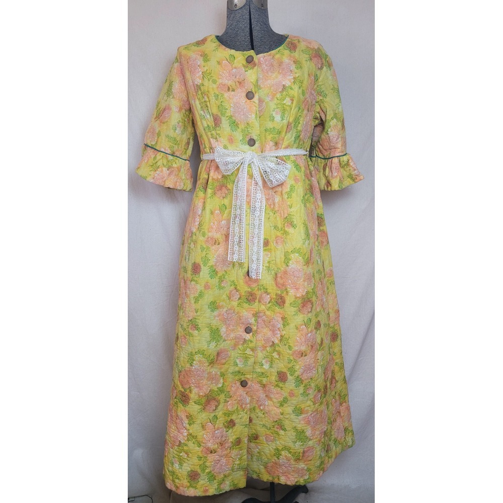 Vintage 60s Maxi House‎ Coat Quilted Yellow Orange Volup Ruffle Sleeve L READ